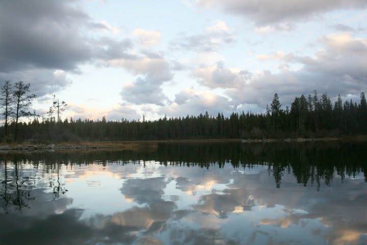 Roche Lake at dusk, clouds and the tree line mirrored in still water.