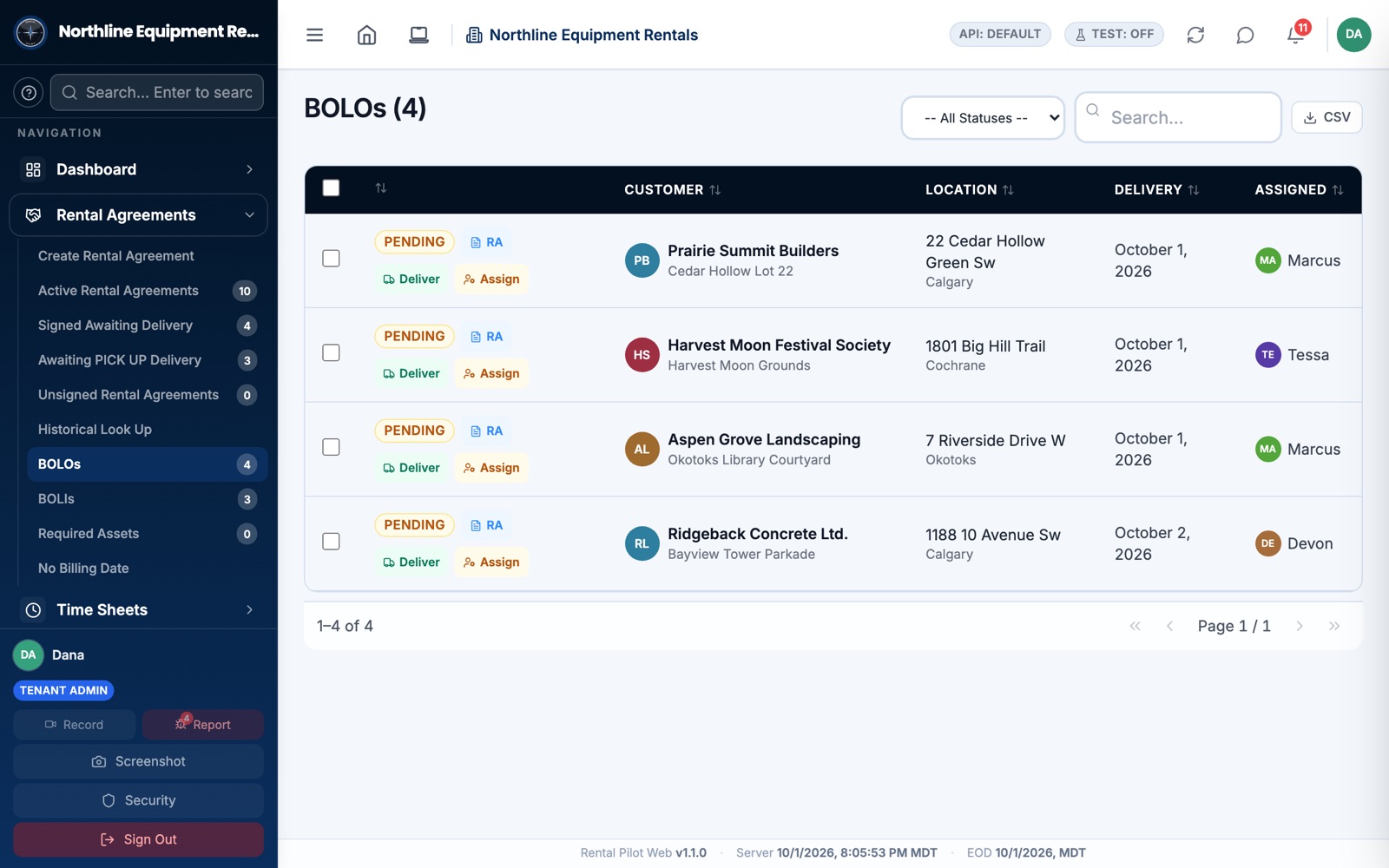 The Rental Pilot deliveries list.