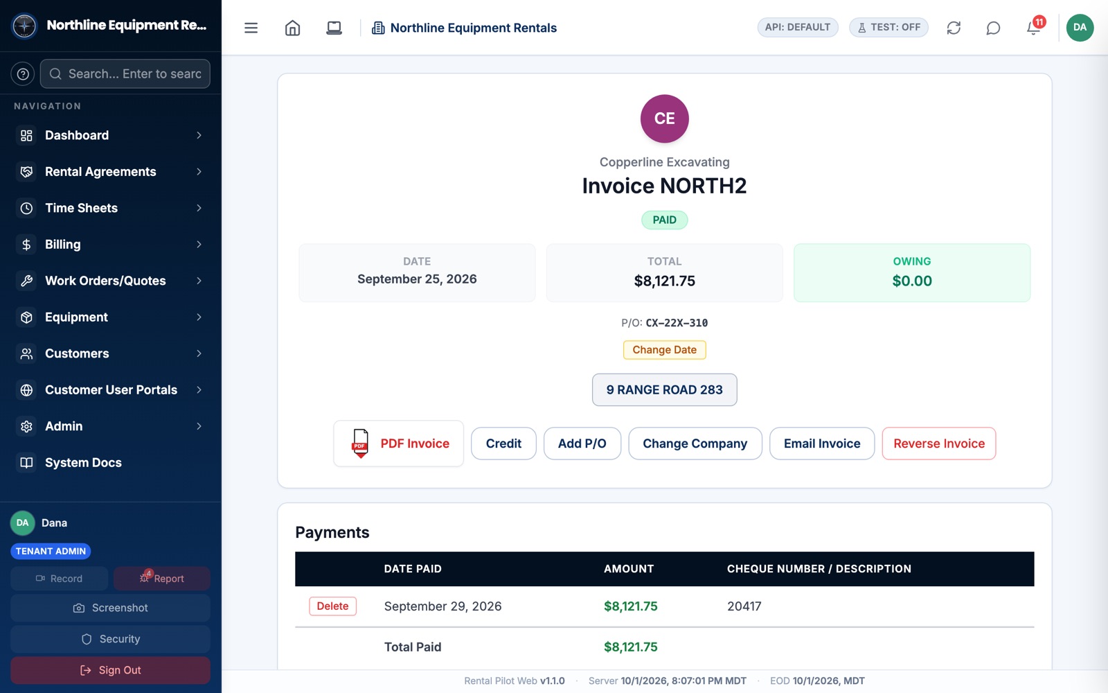 An invoice with its total, payments, and buttons for PDF, credit, change company, email and reverse.
