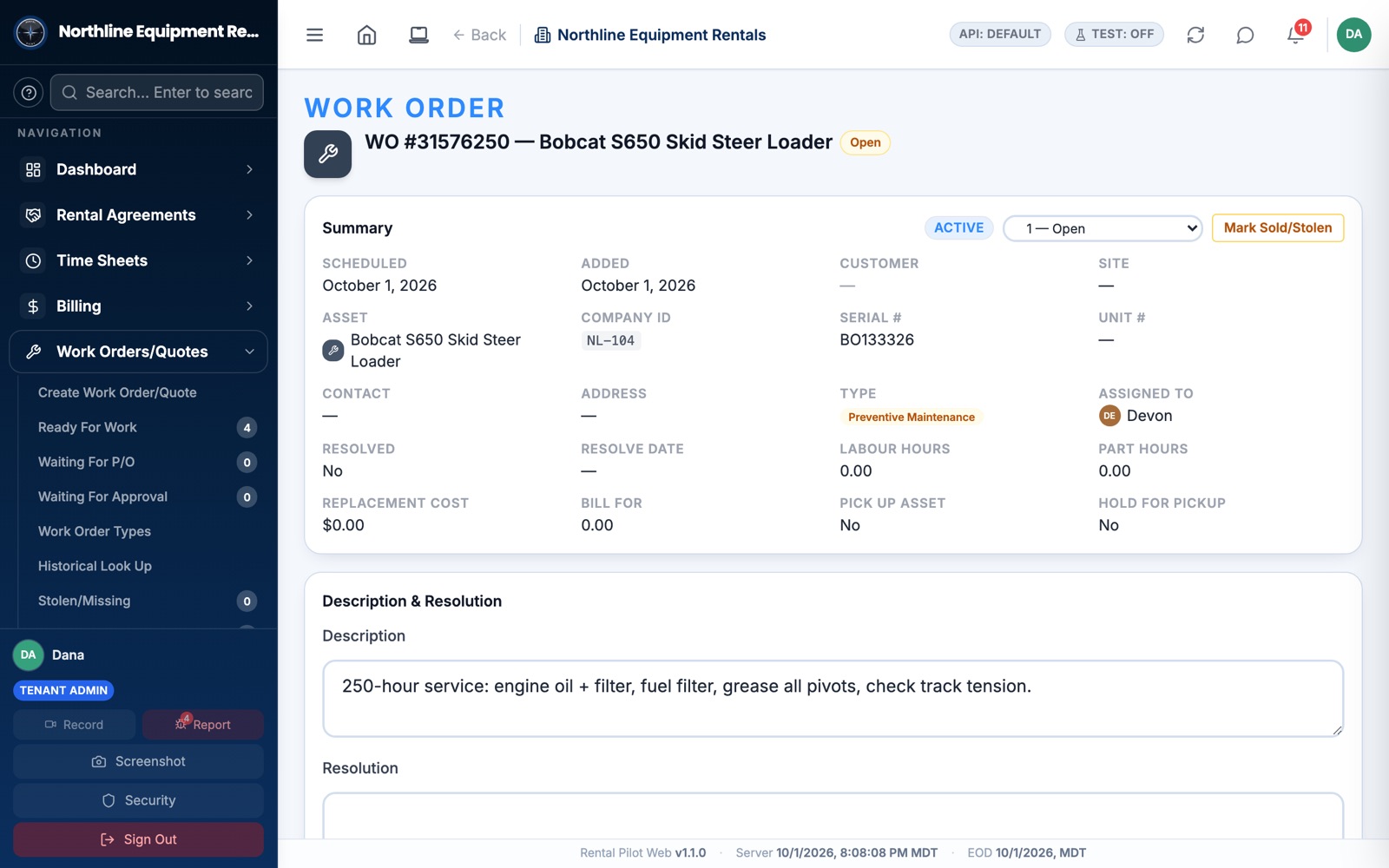 A work order for a skid steer loader: summary, assigned mechanic, labour hours and the service description.