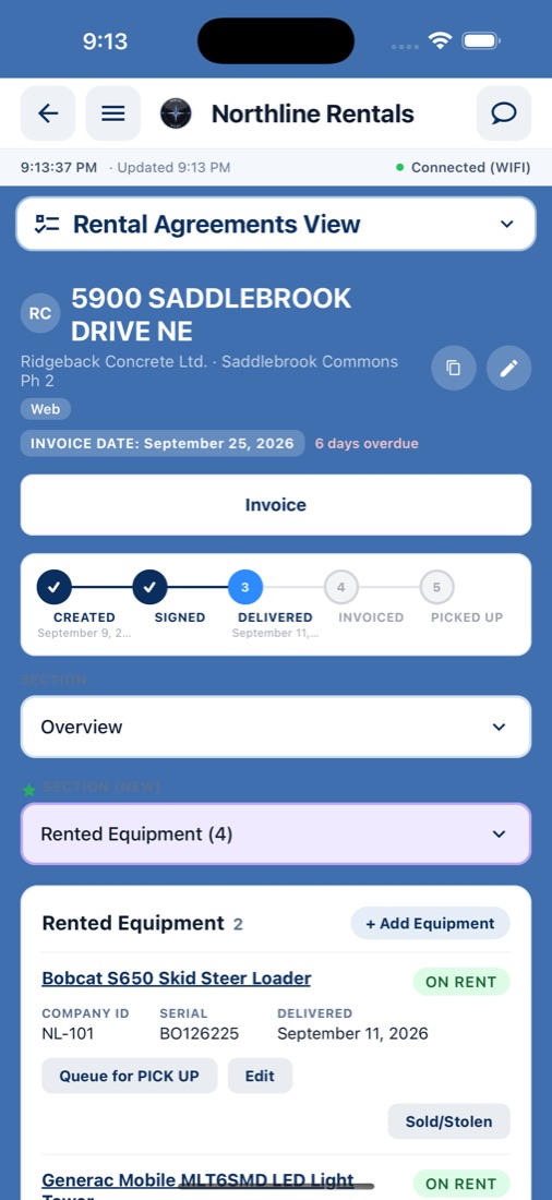 The field app on an iPhone: a rental agreement with its progress steps and the equipment on rent.