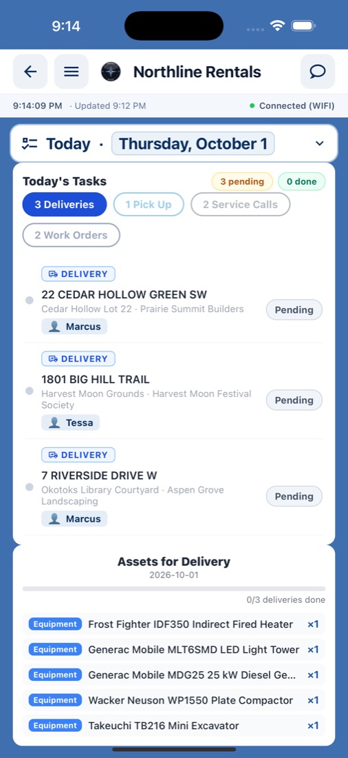 The field app on an iPhone: today's deliveries for the driver.