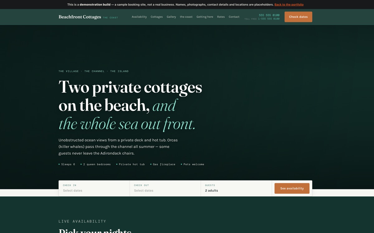 A booking site for two beachfront cottages: a full-bleed photograph of a shoreline at dusk, a headline reading Two private cottages on the beach, and a check-in, check-out and guests bar across the foot.