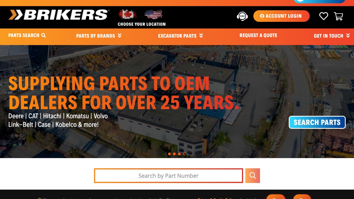 The Brikers parts storefront: an orange and black header headlined Supplying parts to OEM dealers for over 25 years, with a search-by-part-number field.
