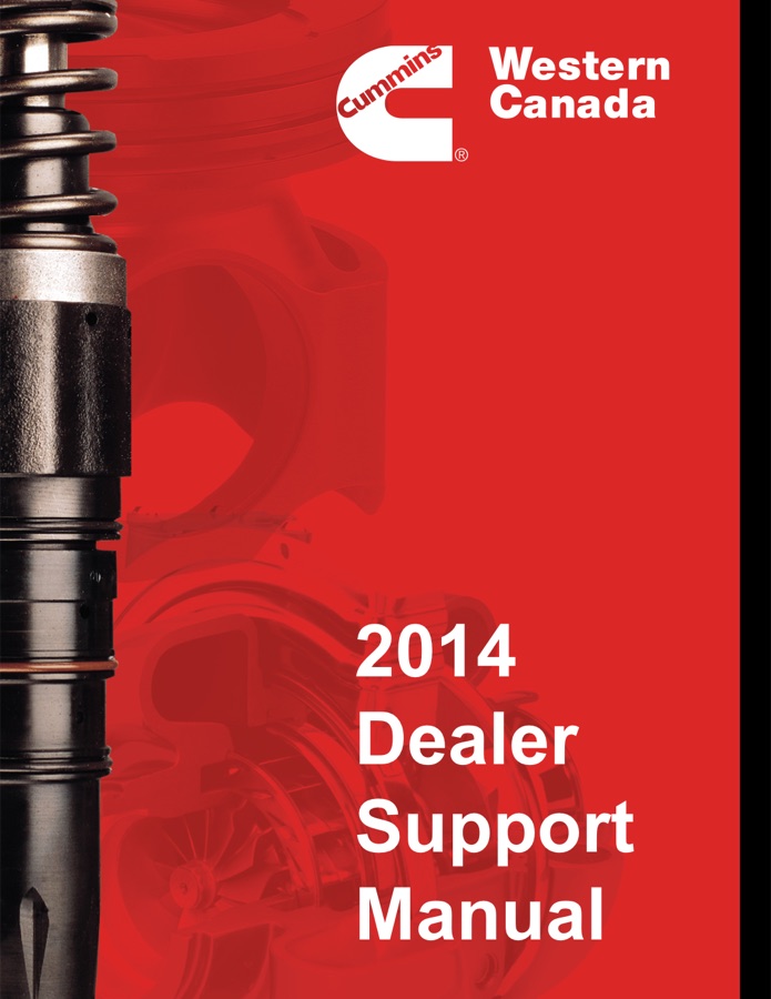 The 2014 Cummins Western Canada Dealer Support Manual cover: the Cummins logo over a red field with a fuel injector and engine components, titled 2014 Dealer Support Manual.