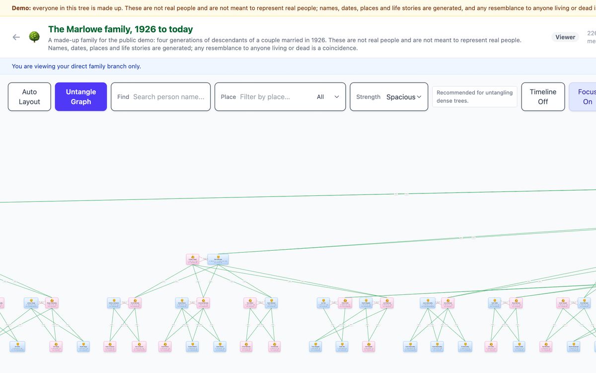 The family tree app showing The Marlowe family, 1926 to today: a banner saying everyone in the tree is made up, then rows of couples with lines down to their children.