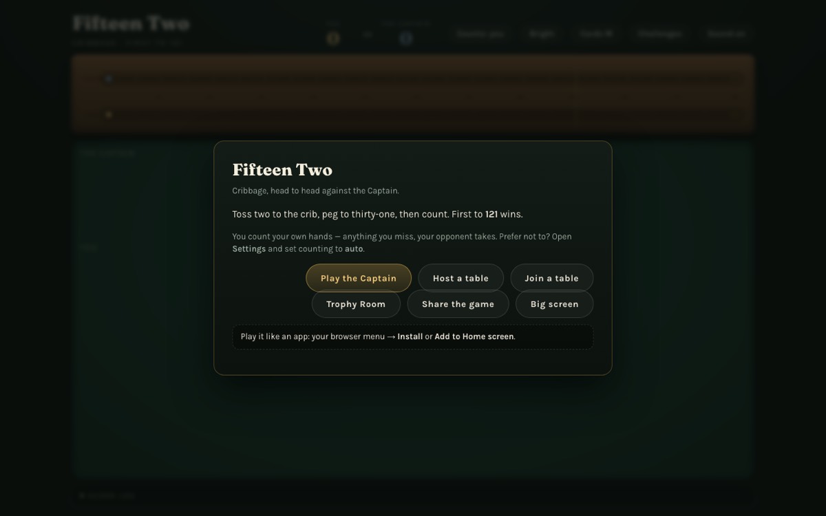 The Fifteen Two opening screen: a dark green felt board with the game's rules and buttons to play the Captain, host a table, join a table, or open the trophy room.