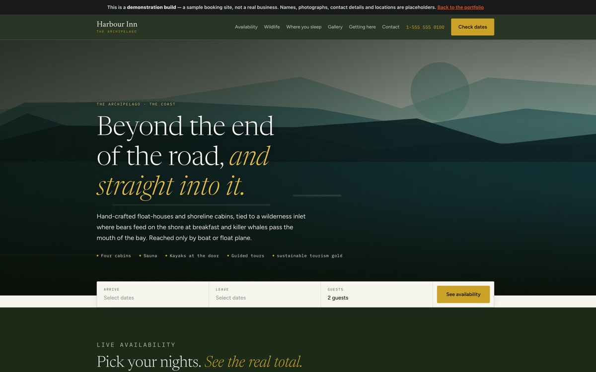 A booking site for a harbourfront inn, showing room types with photographs above a date-selection bar.