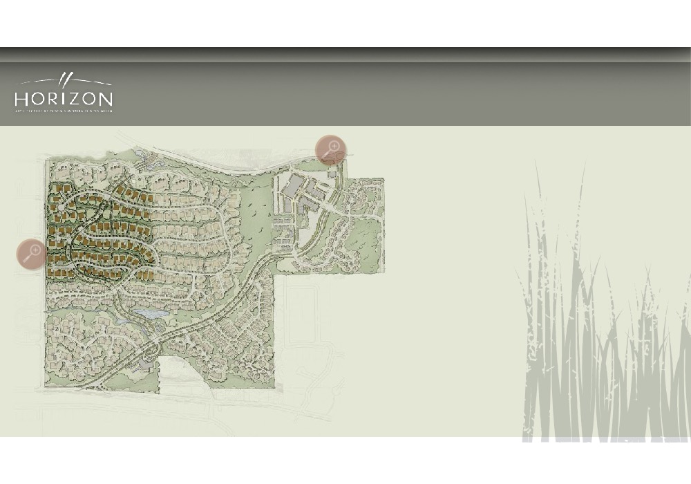 Horizon's community screen: the Horizon wordmark over a muted green site drawing of the whole development and its street network, with two circular magnifier hotspots.