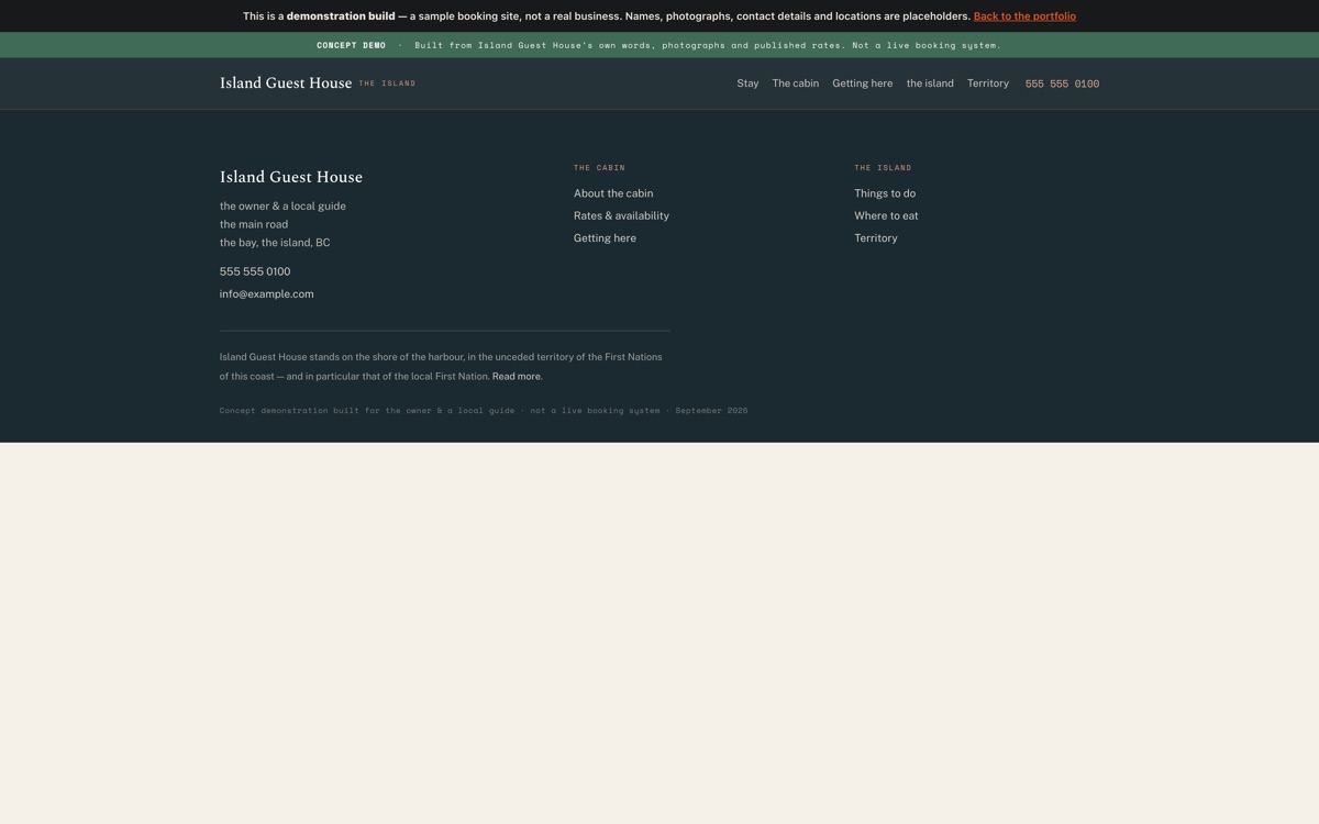 A booking site for an island guest house, with room details and a section listing local operators and activities.