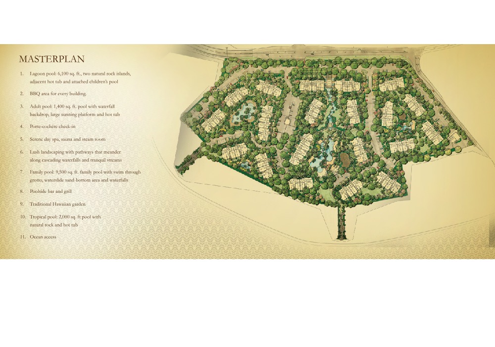 The Koloa Landing master plan: a hand-illustrated aerial view of the resort's buildings, pools and landscaping, with a numbered list of eleven amenities beside it.