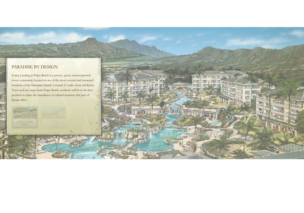 Koloa Landing's vision screen: a wide illustrated rendering of a resort with lagoon pools and low buildings against green mountains, with a copy panel and view toggles.