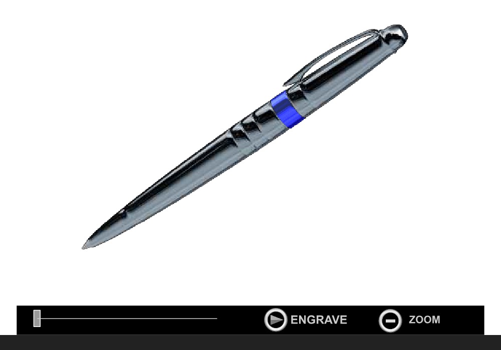 A chrome ballpoint pen with a blue band, rendered on white and shown at an angle, above a black control bar with a rotation slider and engrave and zoom buttons.