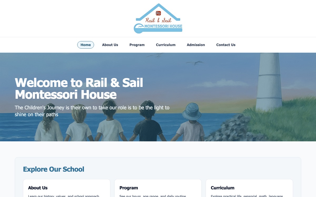 The Rail and Sail Montessori House home page: the school's lighthouse logo above a painted banner of five children looking out to sea.