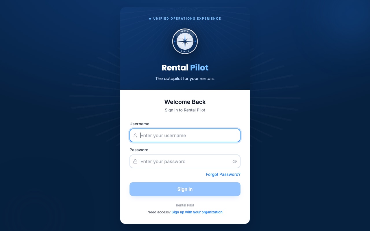 The Rental Pilot sign-in screen: a compass-rose logo on a deep blue panel above the wordmark Rental Pilot and the line The autopilot for your rentals, with username and password fields below.