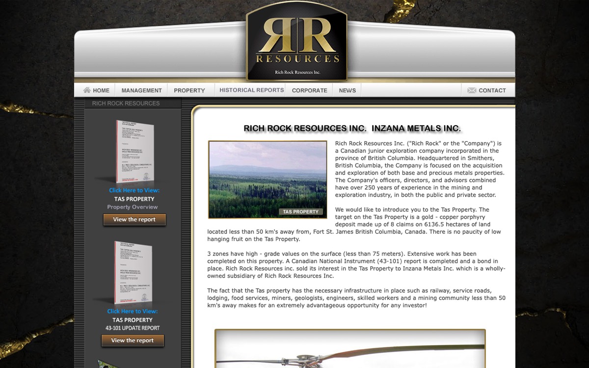 The Rich Rock Resources site: a gold RR monogram on black over a dark stone background, with navigation for management, property, historical reports and corporate.