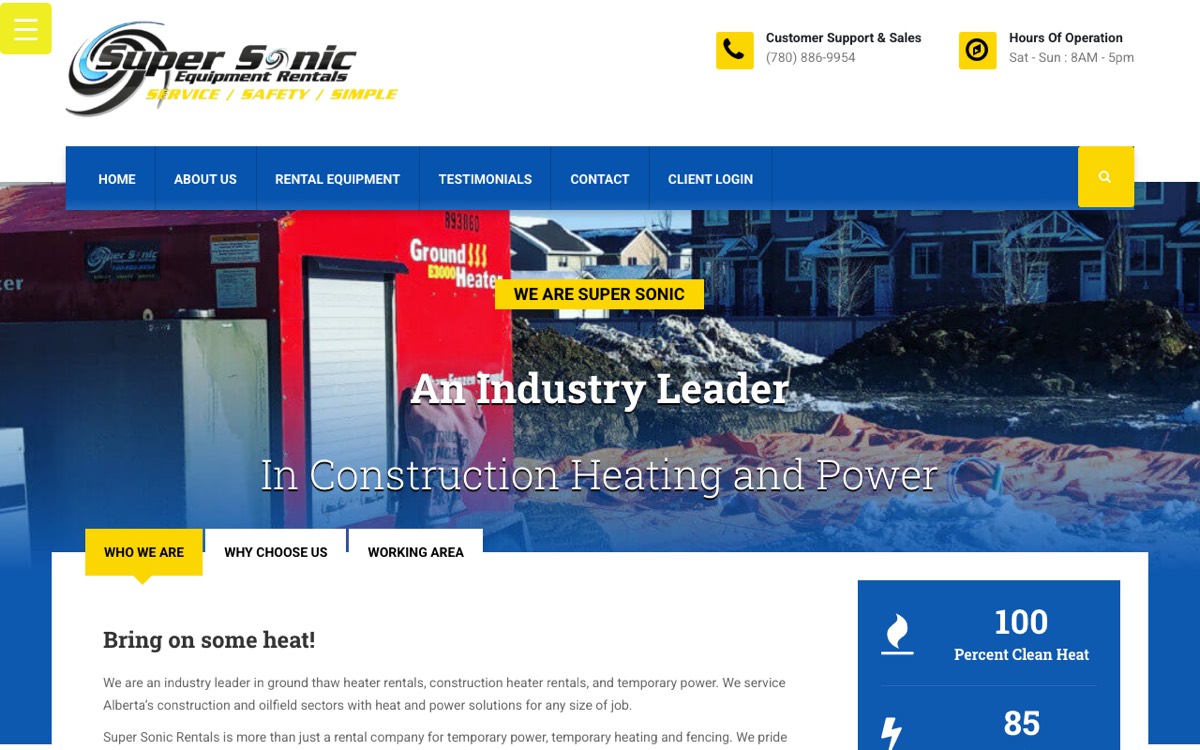 The Super Sonic Equipment Rentals website: the company logo above a photograph of a ground-thaw heater on a winter construction site, headlined An Industry Leader in Construction Heating and Power.
