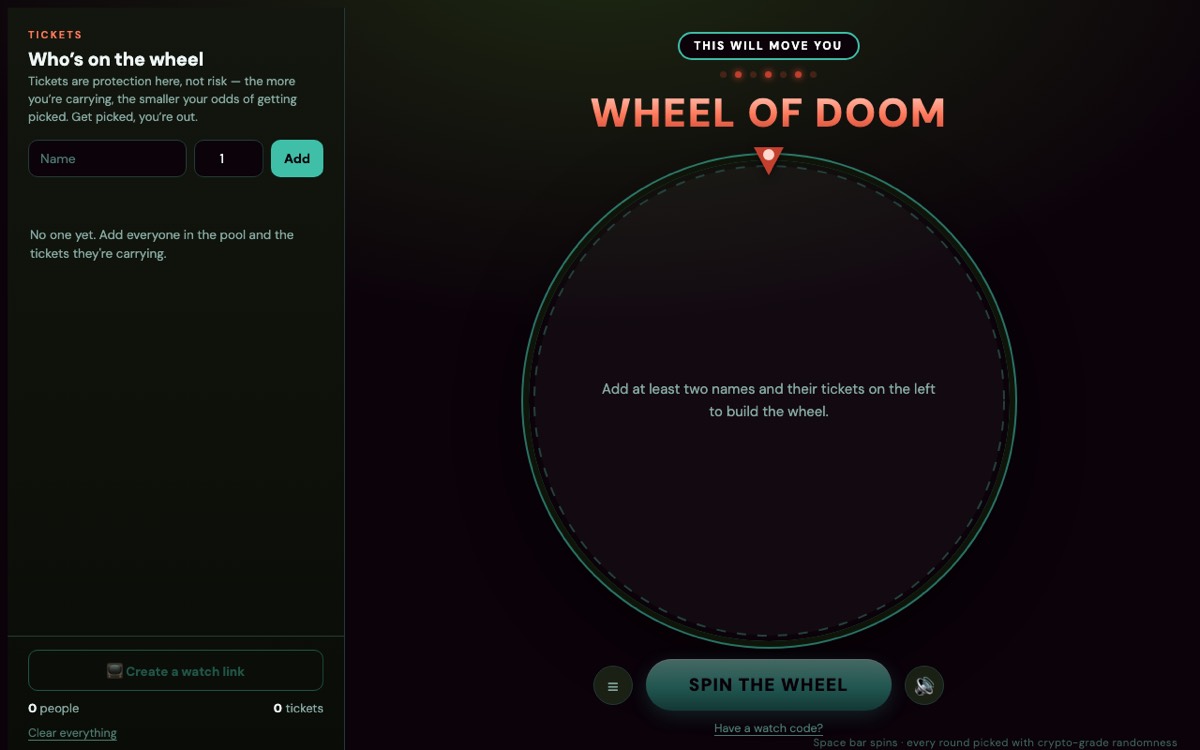 The prize wheel before a draw: a dark screen with an empty teal wheel waiting for entrants, and a panel on the left for adding each person and the number of tickets they carry.