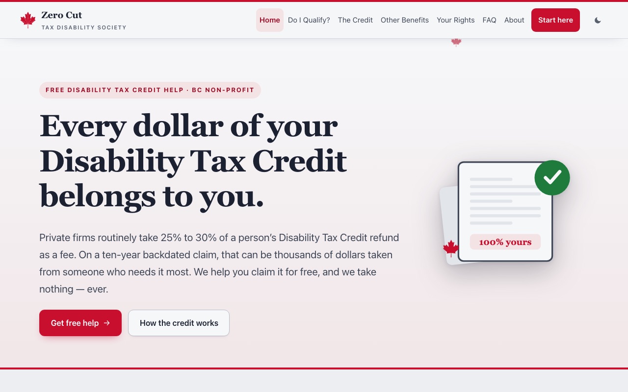 The Zero Cut Tax Disability Society website home page.